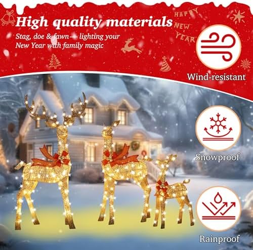 58 Inch 3D Gold Large Lighted Christmas Deer Decorations 3-Piece Outdoor Holiday Decorations Reindeer Set with 210 Warm White LEDs, Large Yard Display for Garden, Storefront