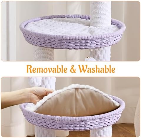HITTITE Modern Cat Tree Tower with Scratching Post, 46 Inches Tall Cat Towers with Woven Cat Nests and Cave, Multi-Level Cat Tree With Removable Cushions and Massage Brush for Indoor Cats Large Adult.