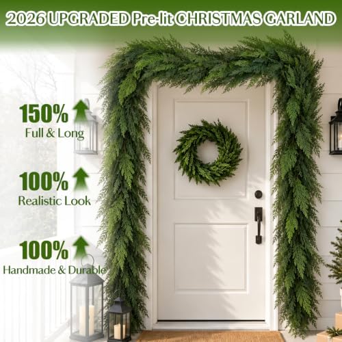 2 Pack 9FT Christmas Cedar Garland with Lights, Faux Greenery Garland