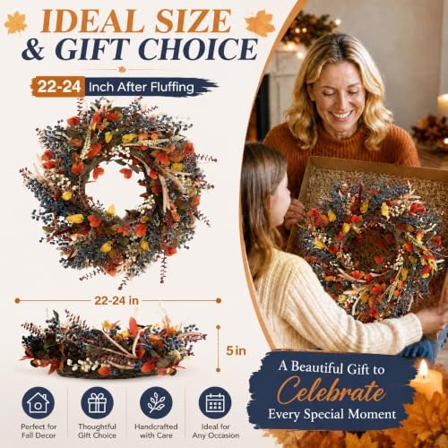 24" Fall Wreaths for Front Door, Fall Wreaths Lush Autumn Leaves & Berries