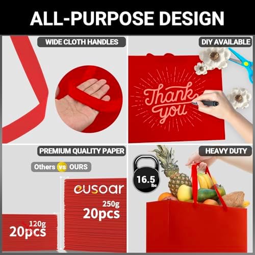 EUSOAR Extra Large Gift Bags, 25pcs 16"x6"x12" Red Thank You Gift Wrap Bags with Handles Bulk, Merchandise Retail Shopping Wrap Paper Business Birthday Party Favor Wedding Shower Bridal Treat Bags