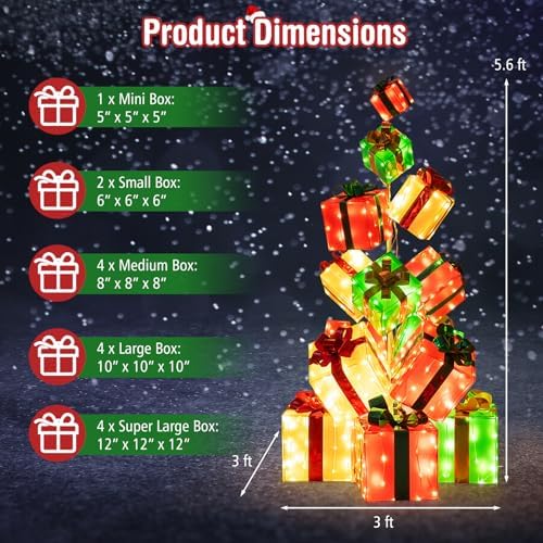 Tangkula 5.6 FT Christmas Lighted Gift Box Tower, 15 PCS Stacked Boxes Tree