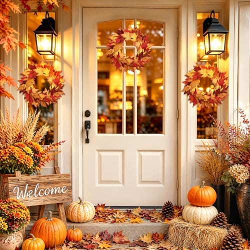 Aneco 12 Pcs Fall Wreath 16’’ Thanksgiving Maple Leaf Wreath for Front Door
