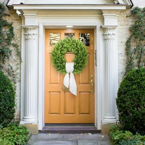 Vlorart 20" Boxwood Wreath for Front Door with Sash & Plaid Bow, Full Lush Artificial Greenery Wreath for Spring Summer Farmhouse Wall, Window & Wedding Decor