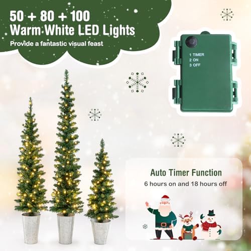 HAPPYGRILL Set of 3 Pencil Christmas Tree, 3' 4' 5' Prelit Slim Xmas Tree
