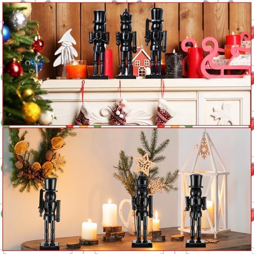 Cinnvoice 3 Pcs Black Christmas Nutcracker Figure Statue Wooden Decor 10in