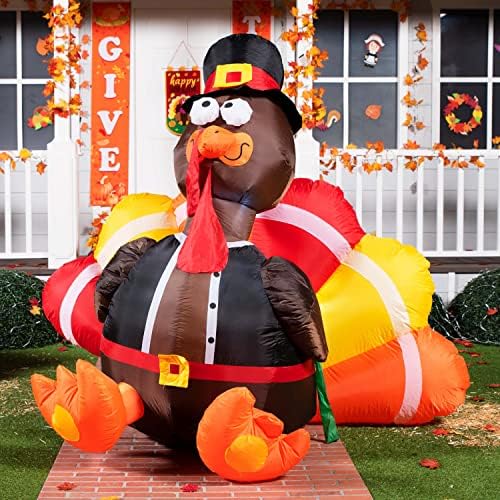 Joiedomi 6 FT Thanksgiving Inflatable Turkey Decorations, LED Light Up Turkey with Pilgrim Hat, Blow Up Decor for Thanksgiving Outdoor Decorations, Halloween Inflatable for Yard Garden