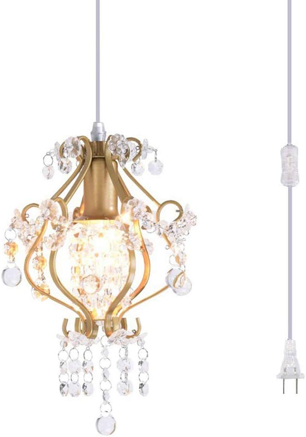Surpars House Elegant Mini Chandelier Plug in Crystal Pendant Light,Golden