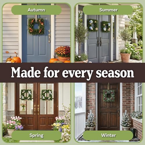 Pure Garden Square Boxwood Wreath for Front Door, Green, 16.5”
