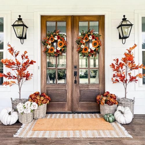 24 Inch Fall Front Door Wreath, White Pumpkins, Sunflower, Eucalyptus