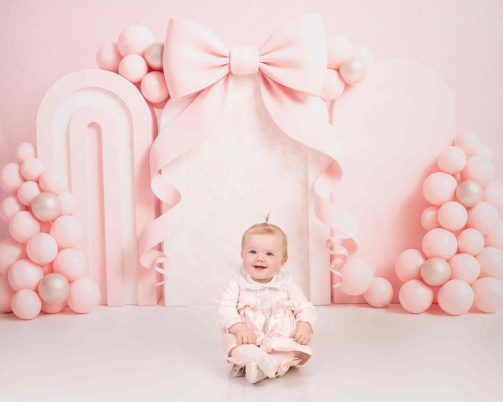 Kate Cake Smash Backdrop for Birthday Party Pink Bow Balloon Arch Background ...
