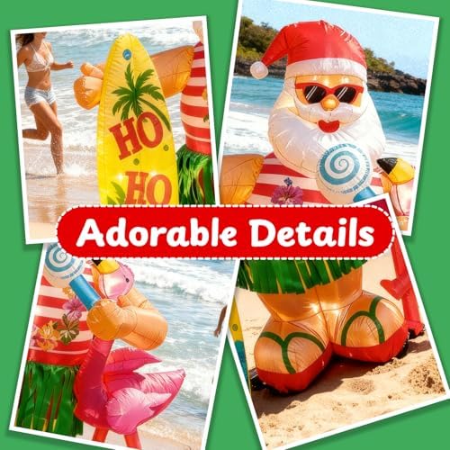 6FT Christmas Inflatable Hawaiian Santa Claus with Flamingo and Surfboard Outdoor Decoration, Tropical Blow up with Build-in LEDs for Indoor Outdoor Xmas Party Garden Yard Lawn Decor
