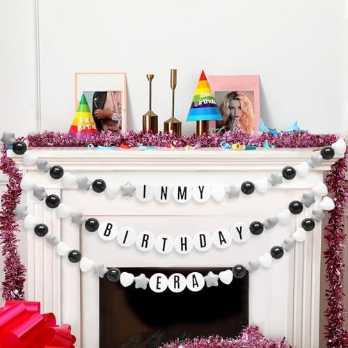 DIY Giant Friendship Bracelet Birthday Garland Kit with Letters Ball Customizable Banner for Christmas Wedding Kpop New Year Party Decorations Ball Plastic Balls Stars DIY Supplies(Black/Gray/White)