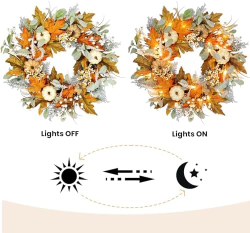 24in Pre-lit Front Door Fall Wreath,for Thanksgiving Home Decor
