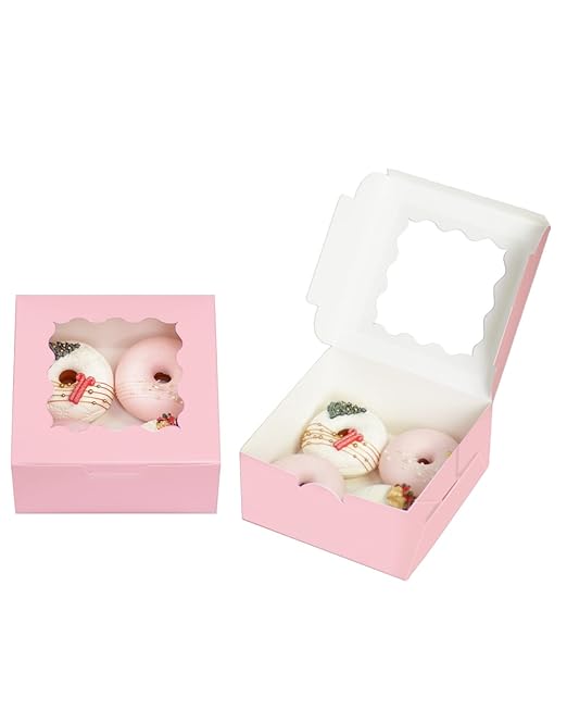 Bakepacker 100pcs Pink Cookie Boxes 6x6x3 inches Easy Assemble Macaroon Pastry Boxes Bakery Boxes with Window for Bakery