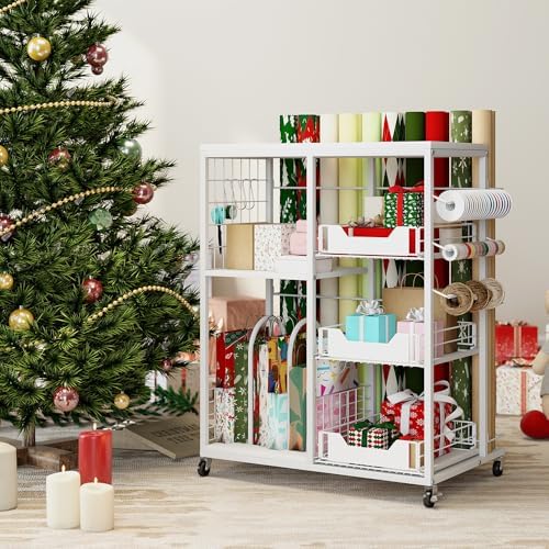 LUCKUP Rolling Wrapping Paper Organizer Cart – Gift Wrap Storage with Wheels, 20 Roll Holders, 3 Drawers & Ribbon Dispenser, Craft Organizer for Christmas, Birthdays, White