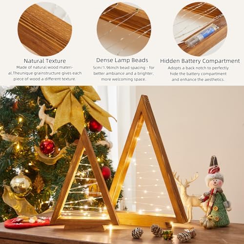 2 Pack Wooden Christmas Tree with Lights, Tabletop Decor-Brown