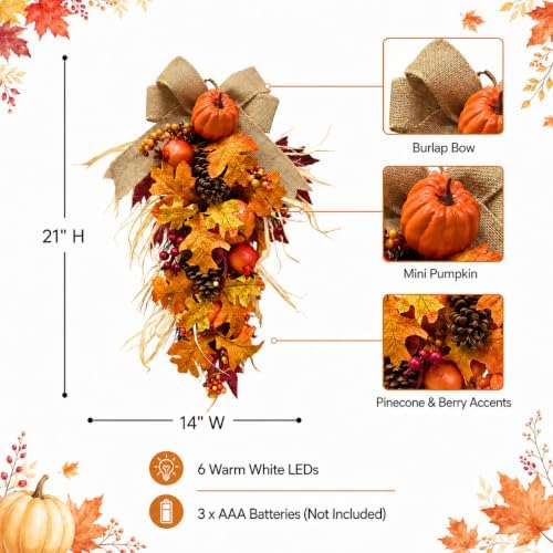 21 Inch Lighted Fall Teardrop Swag with Pumpkins and Pinecones