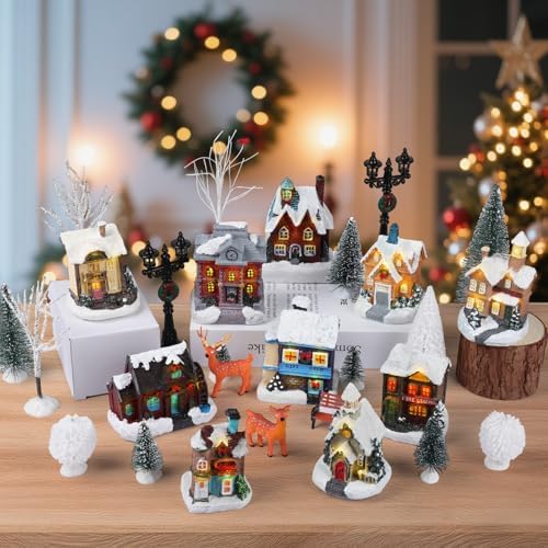 32 Pcs LED Christmas Village Set, 10 Resin Christmas Village Houses with Figurines Decoration Xmas Town Building Collection Trees Lamp Post Scenes for Tabletop Mantel Holiday Display Gift (Style A)