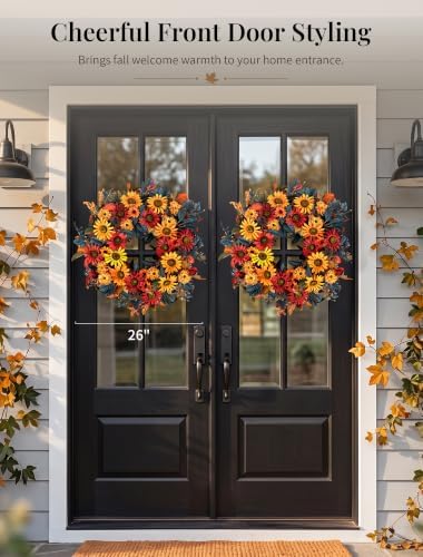 NUPTIO Fall Wreath for Front Door: 26 Inch Autumn Decor with Sunflower