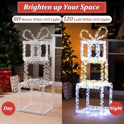 Tangkula Set of 3 Stacked Lighted Gift Boxes, Pre-Lit Box