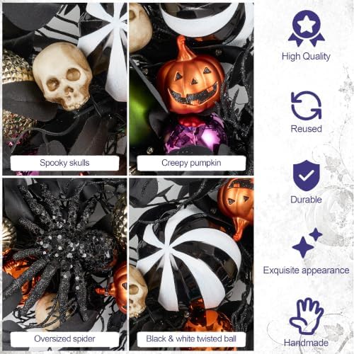 JORNOY 30-Inch Halloween Wreath with Battery Timer - Spider, Balls, Skull