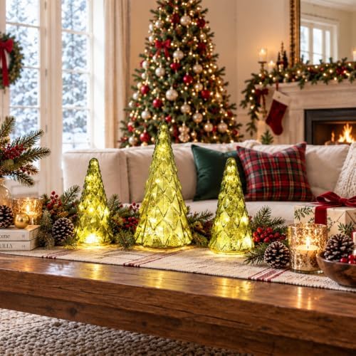 Christmas Decorations Indoor, YEAHOME Set of 3 Pre-lit Green Glass Christmas Tree for Home Decor, Christmas Table Decorations Lighted Xmas Tree with Timer for Living Room Mantel Tabletop Party