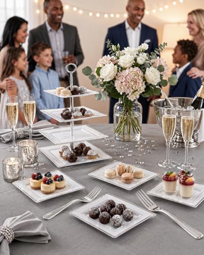 bUCLA 100PCS White and Silver Square Plastic Plates - 6inch Disposable Dessert Plates - Suitable for Weddings, Parties, Christmas