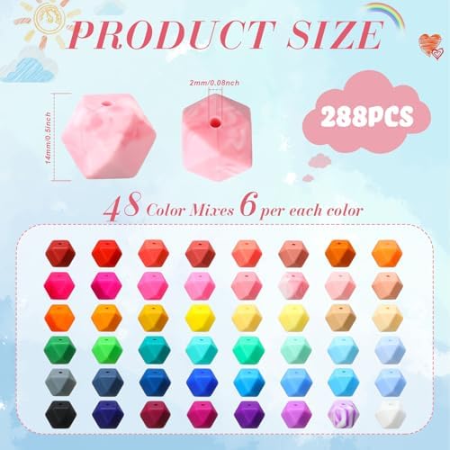 Hotop 288 Pcs Hexagon Silicone Beads Bulk 48 Colors 14mm