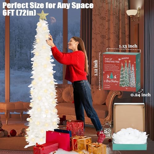HMASYO 6 FT Pop Up Christmas Tree with 100 LED Timer Lights & Remote, White Christmas Tinsel Tree, Collapsible Artificial Pencil Tree for Home Office Party Decor, USB Powered, Easy Assembly