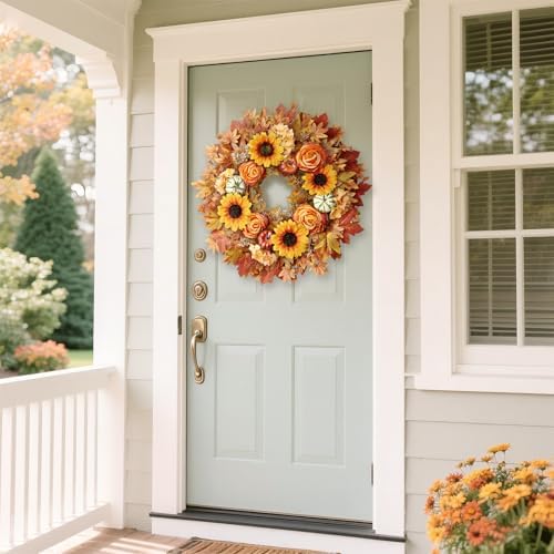 28" Large Artificial Maple Leaves Fall Wreath for Front Door(Orange-Yellow)