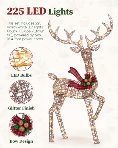 NAVINE 4.85FT 3-Piece Large Lighted Christmas Deer Family Set, Rttan