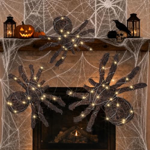 3 Pcs Halloween Rattan Woven Fake Spider Decor with String Lights