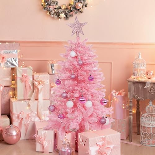 SUNSHINE DECOR Pink Christmas Tree with Light 3ft Artifical Full Christmas Tree with Ball & Star Ornaments 8 Lighting Modes for Holiday Decor