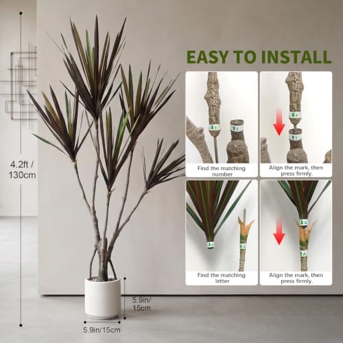 Dracaena marginata Artificial Plant 4.2ft, Faux Dragon Tree in Pot