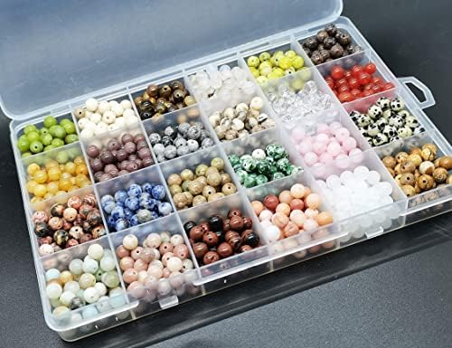 1200pcs 6mm Natural Round Stone Beads Real Gemstone Beading Loose Gemstone Hole Size 1mm DIY Smooth Beads for Bracelet Necklace Earrings Jewelry Making,Box Packed(24 Material -B,6mm)