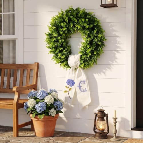 Boxwood Wreath for Front Door Spring Summer Wreaths for Farmhouse,Last Name Initial Year Round Porch Decor,20 inch Green Wreath with Personalized Monogram sash Embroidered Hydrangea and Letter - (C)
