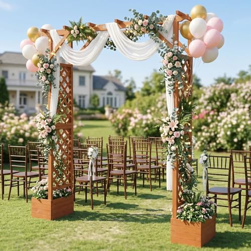 VINGLI Wooden Garden Arbor with Planter, Wedding Arch for Ceremony, Wood Garden Arbour Trellis for Plant Climbing, Pergola for Garden Backyard, Lawn, Outdoor (Golden Brown)