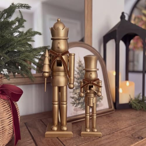 Weysat 2 Pcs Neutral Christmas Nutcracker Figure 10" 15" Gold Wooden