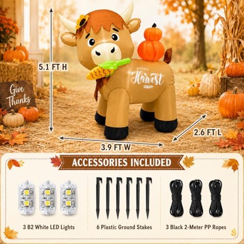 5FT Thanksgiving Inflatable Highland Cow Outdoor Decoration, Harvest Cow Blow Up Yard Decor with Pumpkin, Corn Cob, LED Lights for Fall Lawn Garden Party