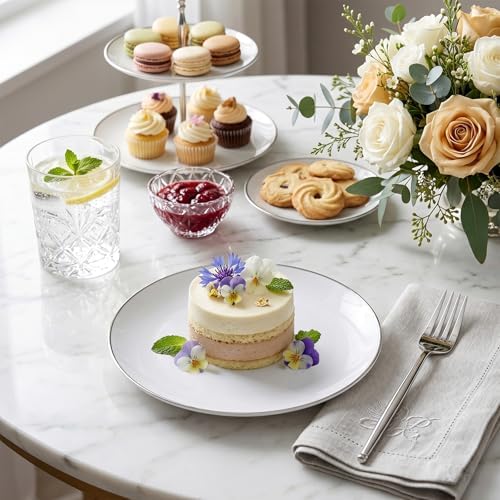 Rubtlamp 100Pcs Plastic Dessert Plates 7.5inch,100Pcs Disposable Silver Forks,White Plastic Plates With Silver Rim, Small Plastic Plates,Dessert Plates With Forks for Appetizer Cake