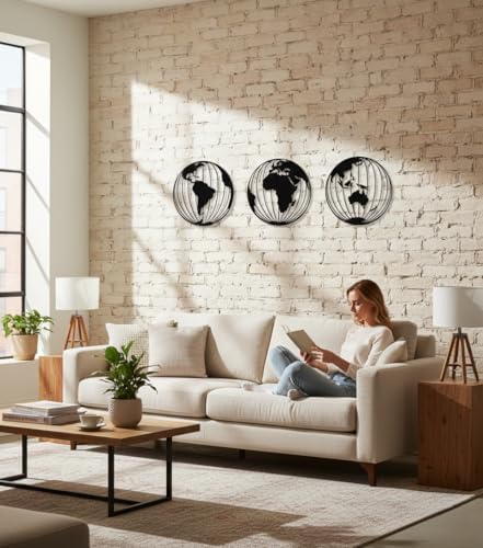 dekadron metal world map wall art, 3 metal shown in use