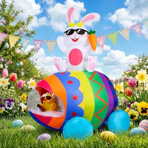 CAMULAND Easter Inflatables Outdoor Decorations, 6FT Easter Bunny with Eggs, Happy Easter Decorations, Easter Blow up Yard Decorations for Garden Lawn Holiday Party