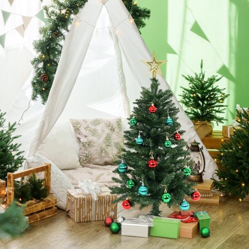 SUNSHINE DECOR Green Christmas Tree with Light 3ft Artifical Full Christmas Tree with Ball & Star Ornaments 8 Lighting Modes for Holiday Decor