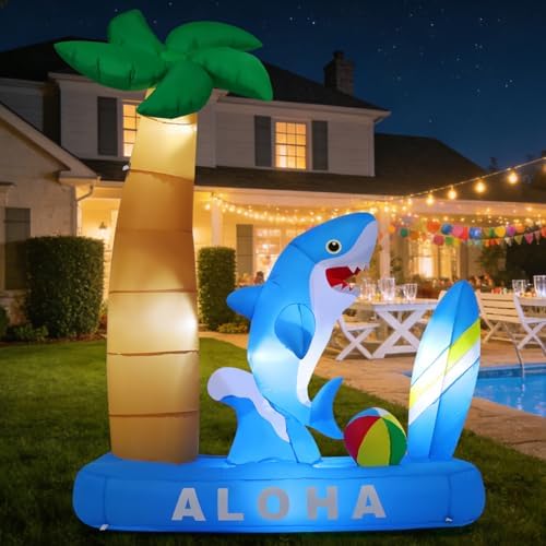 GOOSH 7.4 FT Summer Inflatable Shark with Palm Tree, Surfboard & Beach Ball Outdoor Blow Up Yard Decoration with LED Lights for Hawaiian Beach Party Garden Lawn Birthday Pool Decor