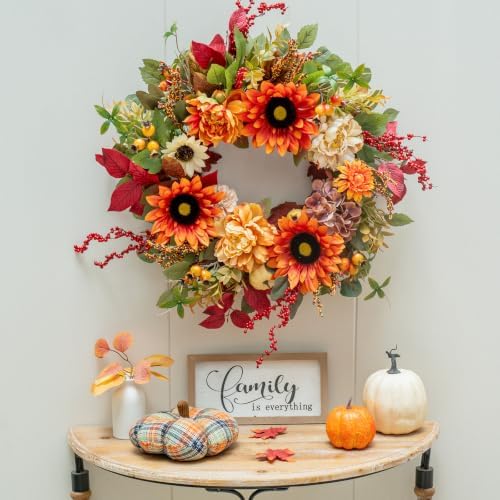 24 Inch Harvest Fall Wreaths for Front Door with Sunflower,Peony,Hydrangeas