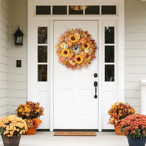 28" Large Artificial Maple Leaves Fall Wreath for Front Door(Orange-Yellow)