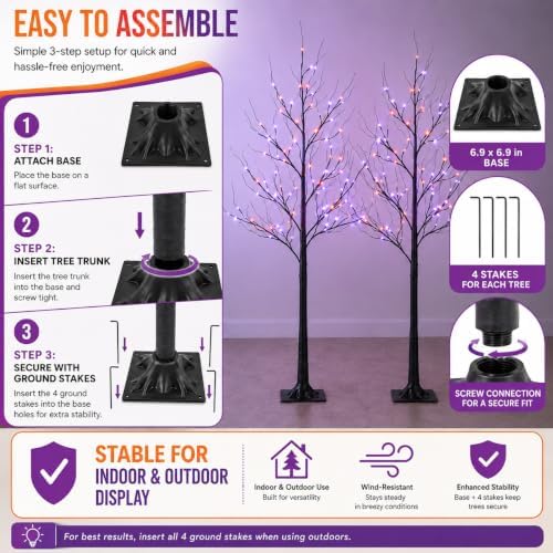 5FT LED Lighted Halloween Tree 2-Pack Orange and Purple Lights Décor