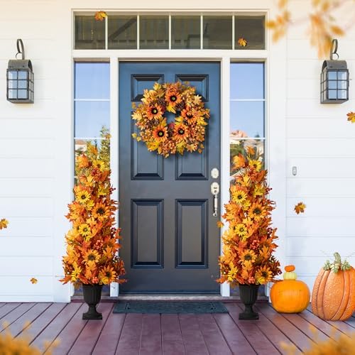 Glitzhome 2 Pcs 4FT Lighted Maple Tree with Timer, Artificial Fall Autumn Maple Leaf & Sunflower Urn Porch Tree with 20 Warm White LEDs for Autumn Fall Harvest Thanksgiving Christmas Decoration