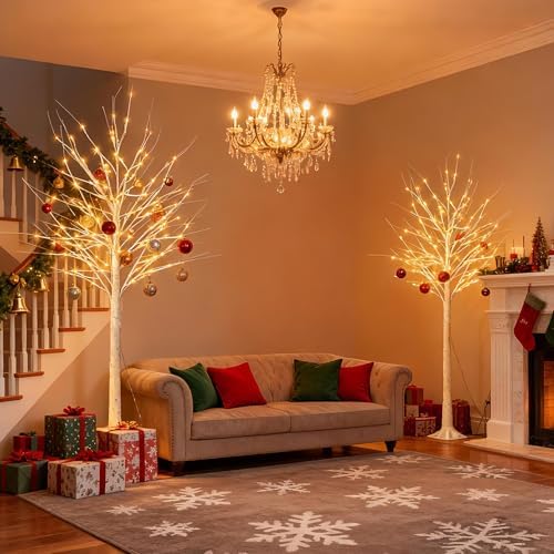 6FT White Birch Tree with Lights,Lighted Birch Tree for Holiday Decor,2PCS